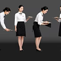Multiple Female Service Staff in Uniforms Holding Trays in Different Postures