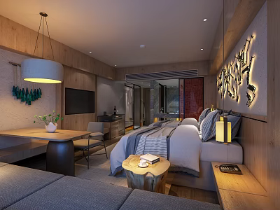 Modern Hotel Room Interior With Wooden Elements Warm Lighting And Decorative Art 3d model