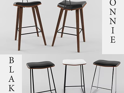 Modern Black And White Bar Stools With Wooden And Metal Legs Design 3d model