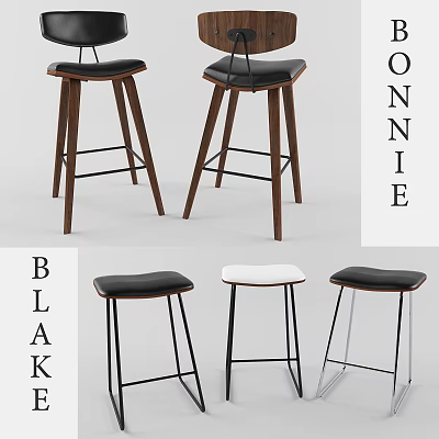 Modern Black And White Bar Stools With Wooden And Metal Legs Design 3d model
