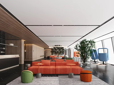 Modern Lounge Area With Orange Sofas Green Ottomans Potted Plants And Large Windows 3d model