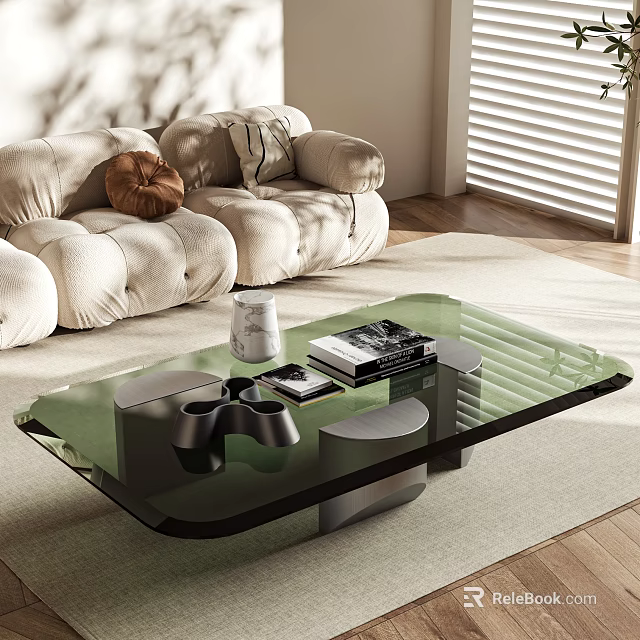 Sleek Modern Coffee Table With Glass Top Metal Frame Books Game Controller And Living Room Sofa 3d model 