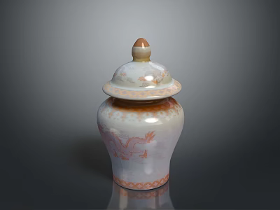 Porcelain Jar with Lid Dragon Pattern White Orange Color Round Knob Top 3d model