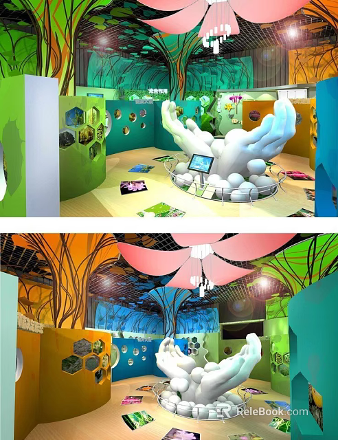 Colorful Creative Indoor Play Space With Hand Shaped Structure Petal Ceiling And Tree Trunk Decorations 3d model 