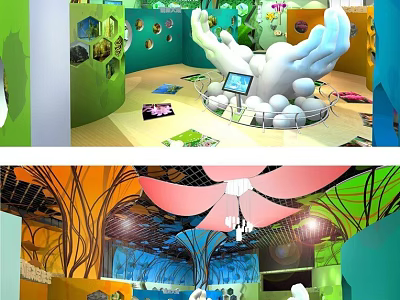 Colorful Creative Indoor Play Space With Hand Shaped Structure Petal Ceiling And Tree Trunk Decorations 3d model