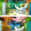 Colorful Creative Indoor Play Space With Hand Shaped Structure Petal Ceiling And Tree Trunk Decorations