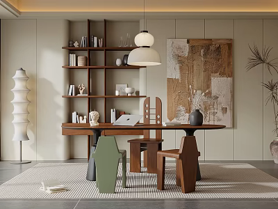 Modern Restaurant Interior With Round Wooden Table Unique Chairs Pendant Light And Artwork 3d model
