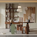 Modern Restaurant Interior With Round Wooden Table Unique Chairs Pendant Light And Artwork