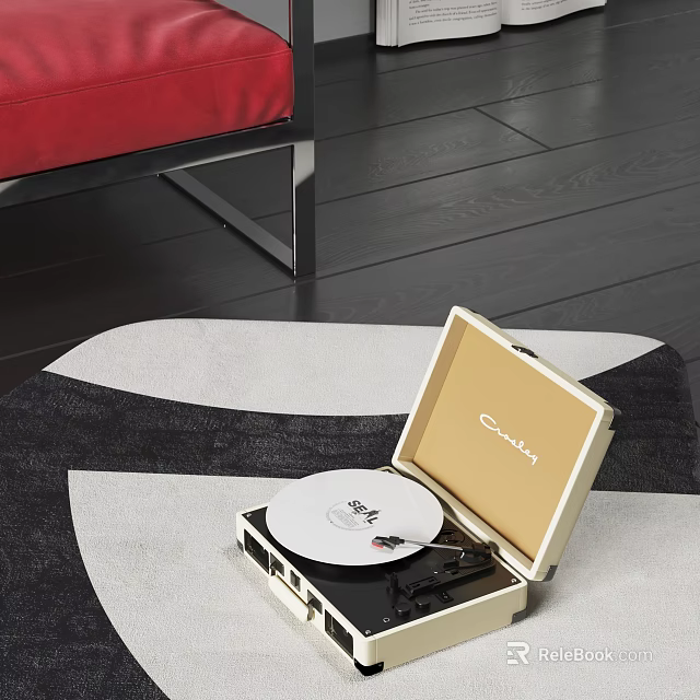 Retro Golden Portable Audio Record Player With Vinyl Disc On Black White Geometric Rug 3d model 