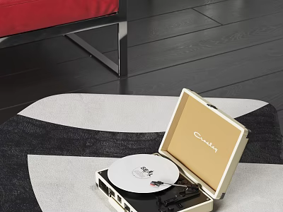 Retro Golden Portable Audio Record Player With Vinyl Disc On Black White Geometric Rug 3d model