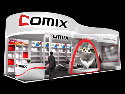 Comix Exhibition Booth With Modern White Red Design And Colorful Product Shelves 3d model