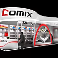 Comix Exhibition Booth With Modern White Red Design And Colorful Product Shelves