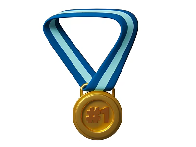 Gold Medal With Blue And White Ribbon Featuring Number One Symbol 3d model