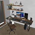 Modern Home Office Desk With Computer Monitor Keyboard Mouse Stationery And Decorative Shelf