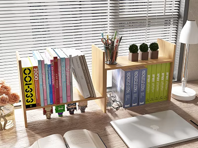Wooden Bookcase With Books Open Book Blue Folders Small Plants And Pencil Holder On Study Desk 3d model