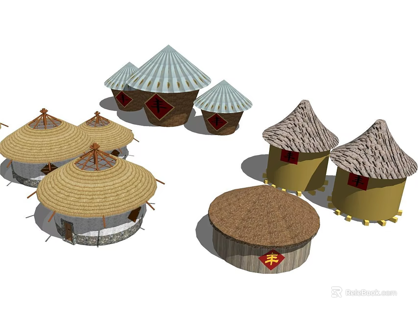 Traditional Ethnic Dwellings With Round Straw Roofs And Decorative Red Symbols 3d model 