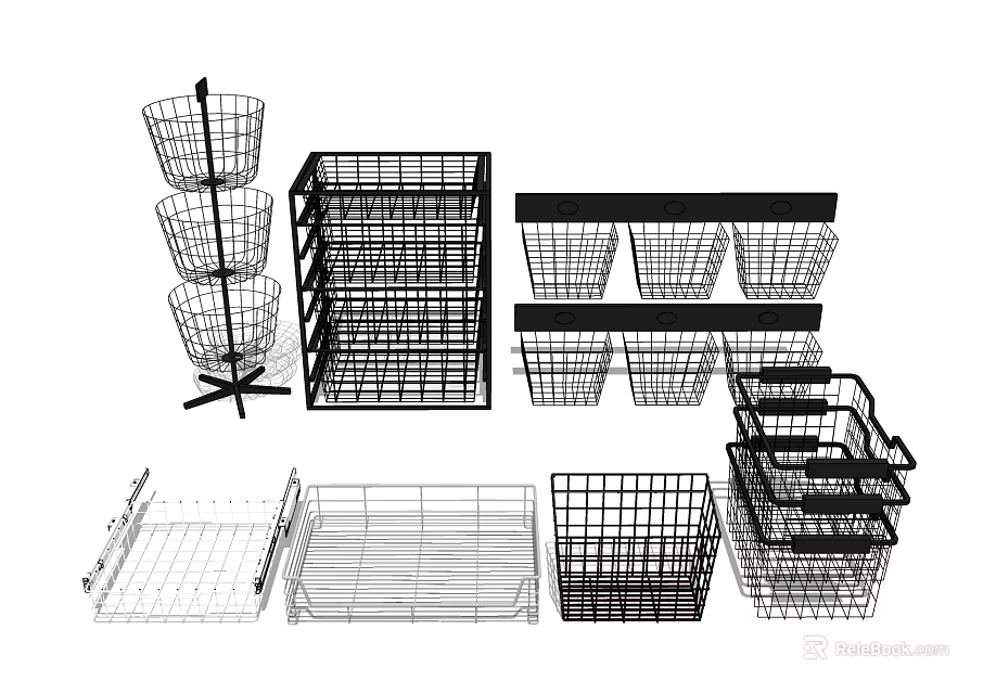 Metal Wire Storage Baskets In Different Styles And Various Sizes For Organization 3d model 