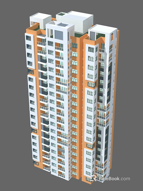 Modern High Rise Residential Building With White Orange Exterior And Balconies 3d model 