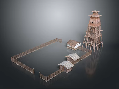 3D Scenic Landscape Featuring Traditional Tower Wooden Fence and Small Houses in Dark Backdrop 3d model