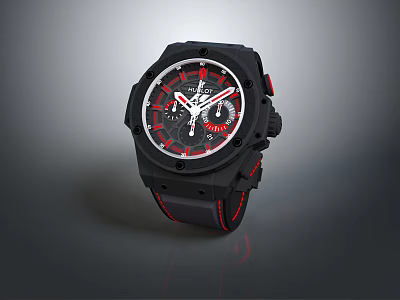 Stylish Black Watch With Red Accents Chronograph Dial And Silicone Strap 3d model
