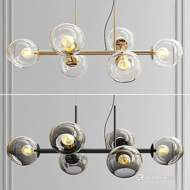 Modern Chandelier Design With Transparent Glass Globes Gold Black Metal Frame And Lit Bulbs 3d model 