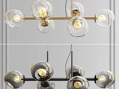 Modern Chandelier Design With Transparent Glass Globes Gold Black Metal Frame And Lit Bulbs 3d model