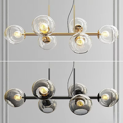 Modern Chandelier Design With Transparent Glass Globes Gold Black Metal Frame And Lit Bulbs 3d model