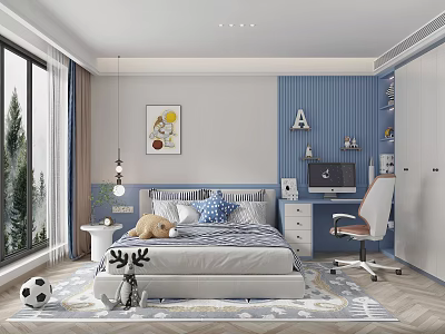 Sunny Kids Room Interior With Bed Desk Chair Stuffed Animal And Blue Wall Decor 3d model