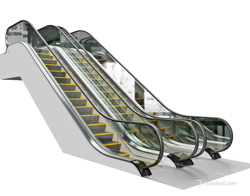 Escalator With Transparent Glass Handrails Yellow Steps And Metal Frame 3d model 