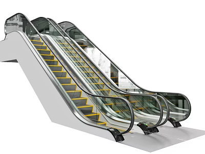 Escalator With Transparent Glass Handrails Yellow Steps And Metal Frame 3d model