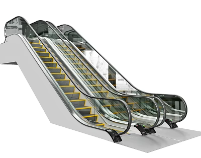 Escalator With Transparent Glass Handrails Yellow Steps And Metal Frame 3d model