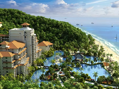 Aerial Planning of Tropical Coastal Resort With Mountain Greenery Beach Pool and Sea Views 3d model