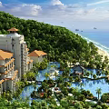 Aerial Planning of Tropical Coastal Resort With Mountain Greenery Beach Pool and Sea Views