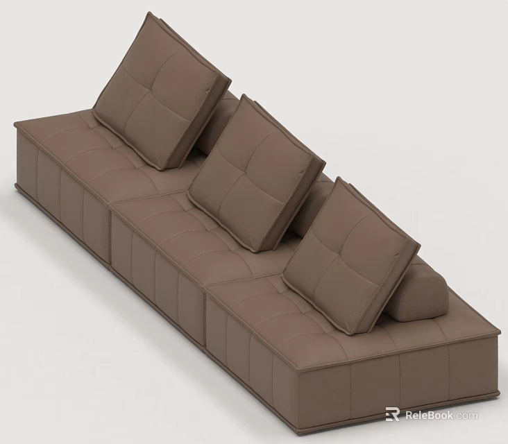 Modern Upholstered Brown Three-Seater Sofa with Square Cushions and Block Design 3d model