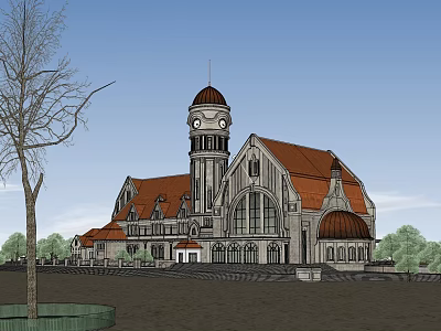 European Style Architecture With Red Roof Clock Tower Arched Windows And Dome 3d model