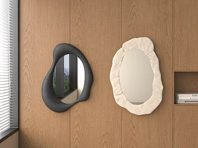 Two Decorative Mirrors Black Irregular And Cream Fabric Edge On Wooden Wall For Modern Interior 3d model