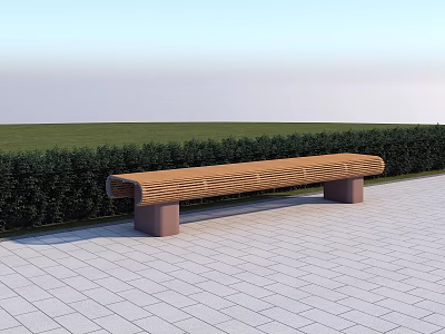 Outdoor Wooden Bench With Curved Top And Stone Legs On Paved Ground By Green Hedge 3d model