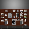 Contemporary Wooden Wardrobe With Interior Lighting Washing Machine Dryer Layered Storage And Hanging Garments