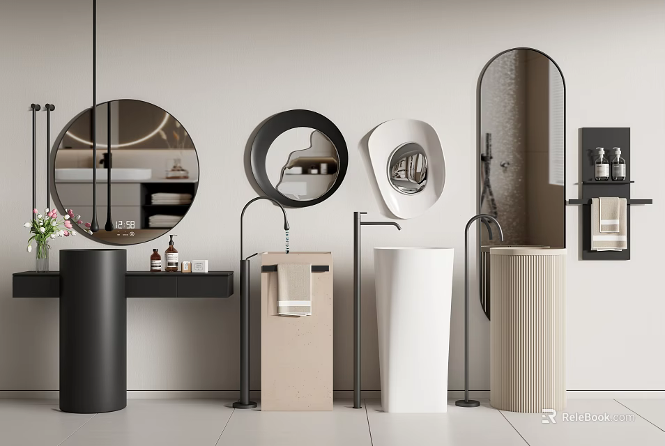 Modern Bathroom Washbasins in Black Beige White with Circular Oval Mirrors and Faucets 3d model 