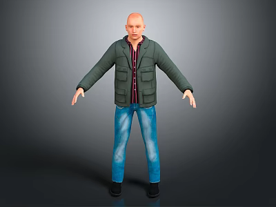 3D Human Character Bald Head Green Jacket Striped Shirt Blue Jeans Black Shoes Gray Background 3d model