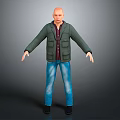 3D Human Character Bald Head Green Jacket Striped Shirt Blue Jeans Black Shoes Gray Background