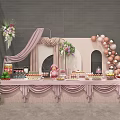 Tea Break Area With Various Desserts Fresh Fruits Sushi Pink Decor And Cartoon Figure
