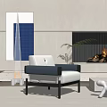 Modern Blue And White Single Sofa With Fireplace Plant And Painting In Modern Living Room