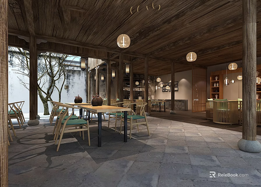 Traditional Chinese Interior Space With Wooden Ceiling Stone Floor Bamboo Chairs And Round Lanterns 3d model 