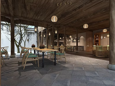 Traditional Chinese Interior Space With Wooden Ceiling Stone Floor Bamboo Chairs And Round Lanterns 3d model