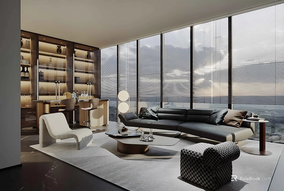 Modern Elegant Living Room with Black Sofa White Armchair Coffee Table Large Windows Scenic View 3d model 