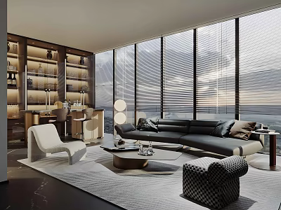 Modern Elegant Living Room with Black Sofa White Armchair Coffee Table Large Windows Scenic View 3d model