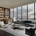 Modern Elegant Living Room with Black Sofa White Armchair Coffee Table Large Windows Scenic View