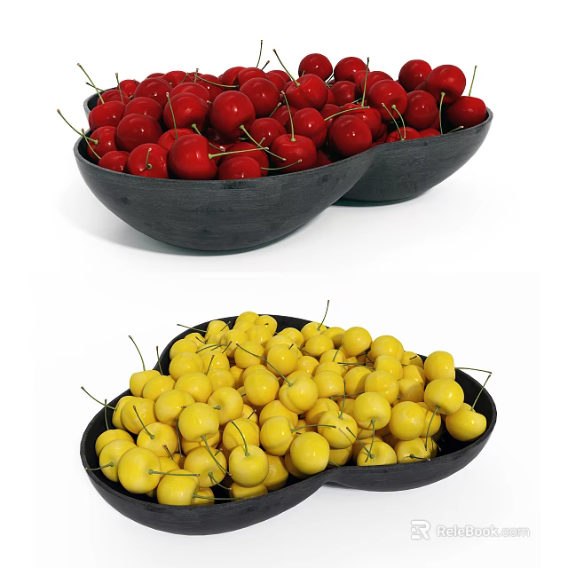 Fresh Juicy Red and Yellow Cherry Fruits in Stylish Black Bowls 3d model 