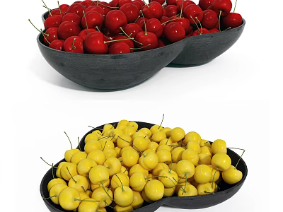 Fresh Juicy Red and Yellow Cherry Fruits in Stylish Black Bowls 3d model